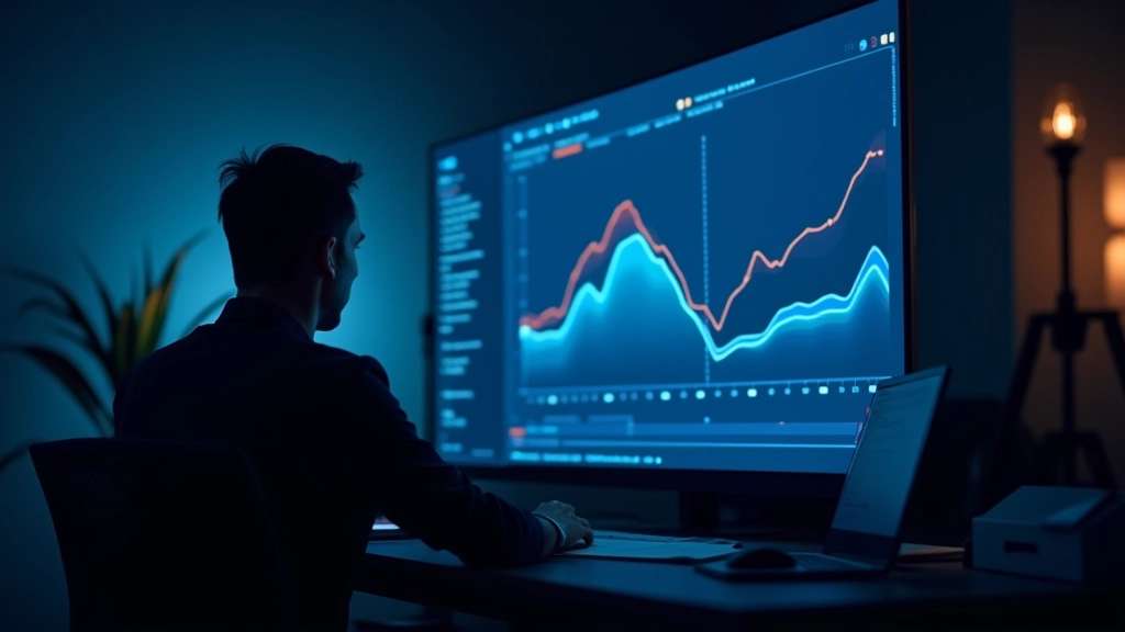 Dashboard em grande monitor mostrando gráficos de linhas com tendências de vieses ao longo de meses em azul e vermelho