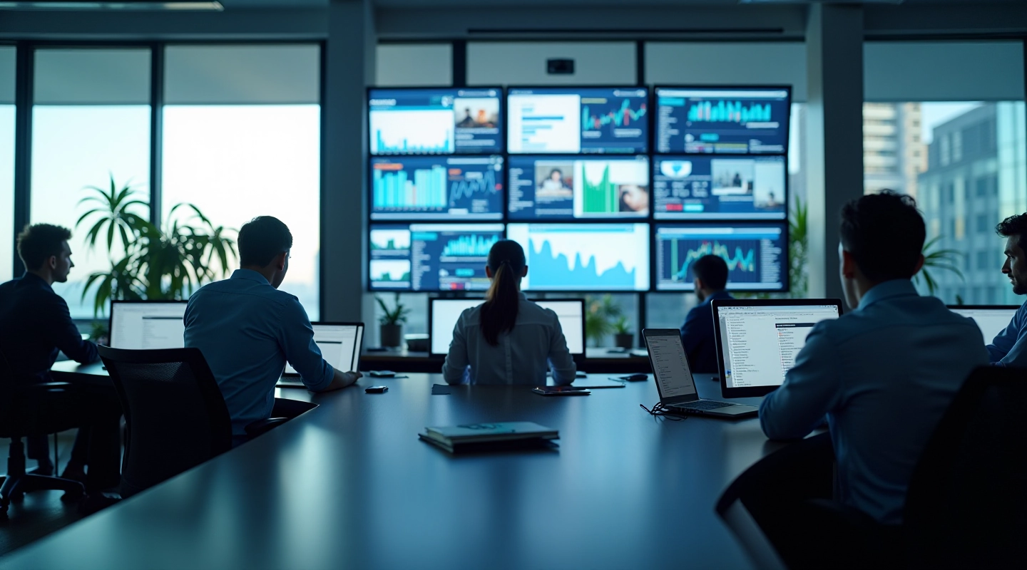 Redação moderna com múltiplos monitores mostrando dados de jornalismo digital, ambiente colaborativo com luz natural