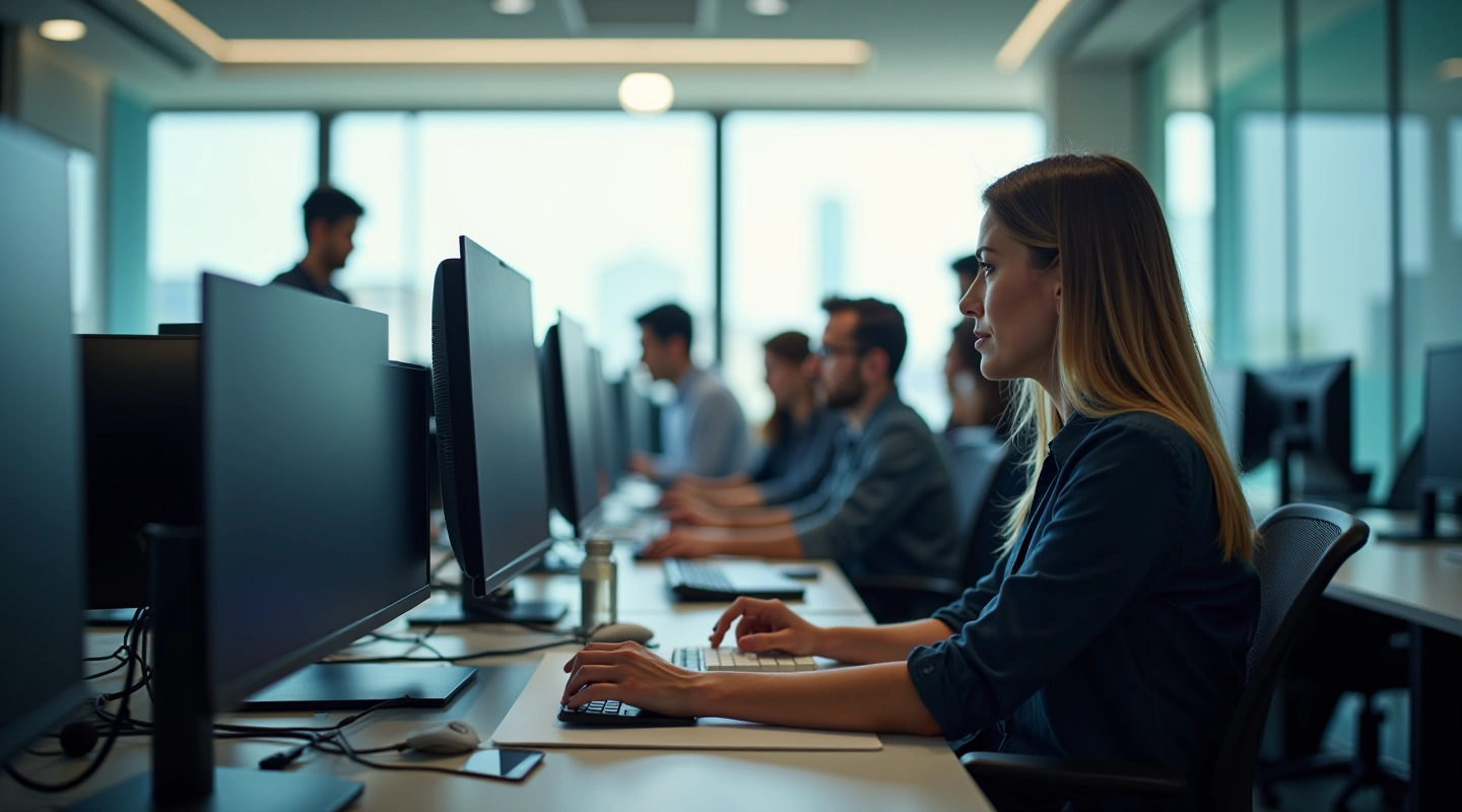 Redação moderna com profissionais trabalhando com tecnologia