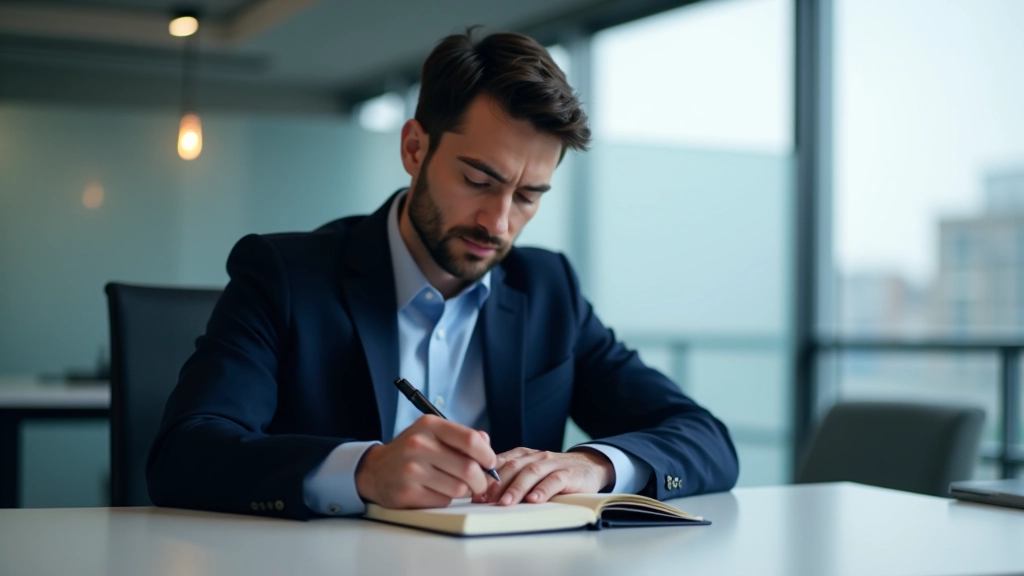 Pessoa em blazer profissional escrevendo em notebook em uma mesa de escritório moderno, iluminação uniforme, foco no documento