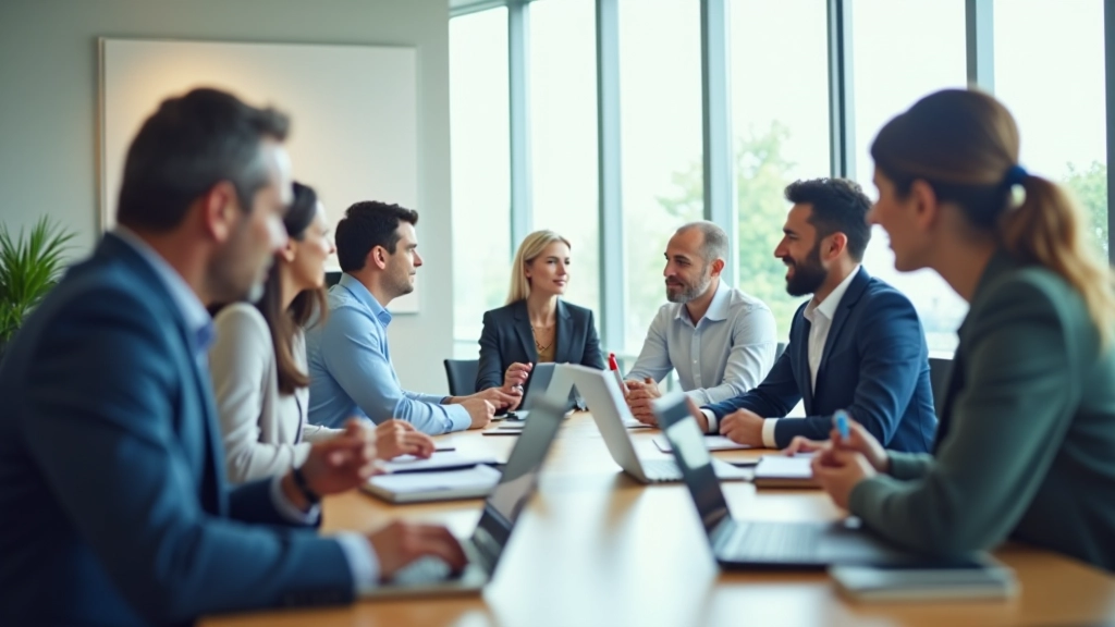 Mesa de redação com múltiplos computadores e jornalistas em discussão, ambiente colaborativo