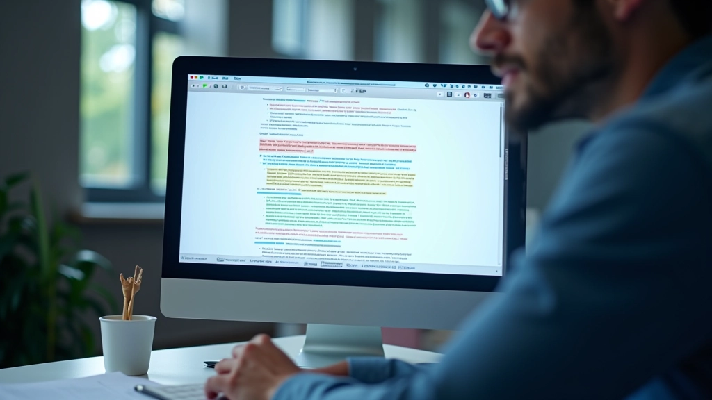 Documento de texto aberto em editor mostrando comparação de palavras destacadas em diferentes cores para contraste linguístico