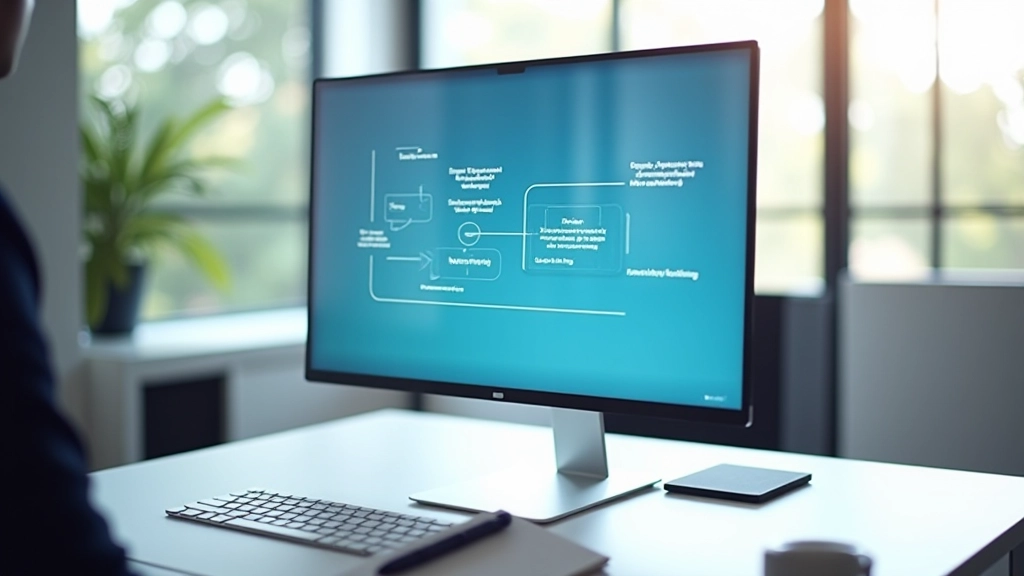 Diagrama de processo em três camadas exibido em monitor, anotações ao lado com caneta, luz natural de janela